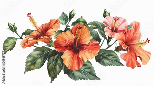 vibrant summer floral arrangement with tropical hibiscus flowers isolated on white botanical illustration