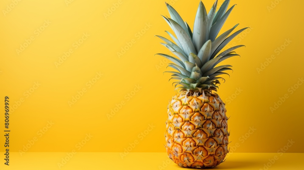 A ripe pineapple rests elegantly on a vibrant yellow table A ripe pineapple rests elegantly on a vibrant yellow table