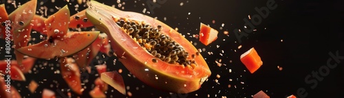Surreal poster of a papaya exploding into neatly cut pieces, suspended in an empty void to focus on the fruit s tropical flavor and appeal photo