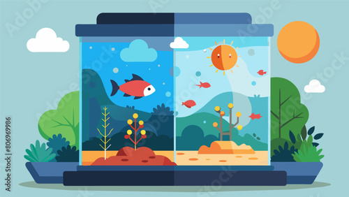 A hightech aquarium that simulates the changing seasons of a temperate underwater ecosystem with simulated sunlight and temperature variations. Vector illustration