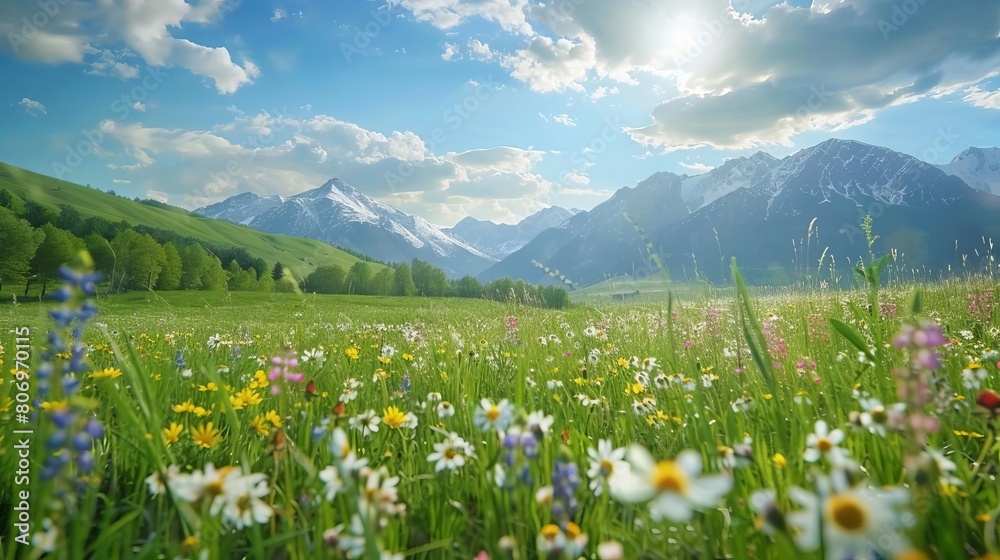Obraz premium wildflower meadow and majestic mountains idyllic summer landscape
