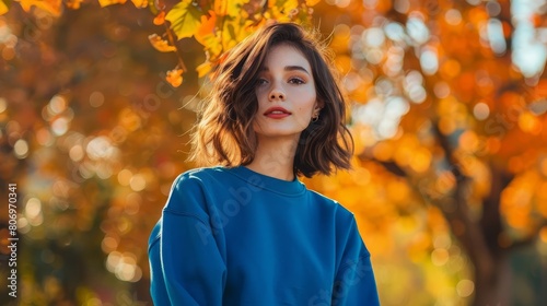 young woman in blue crewneck sweatshirt mockup autumn fashion portrait with fall colors