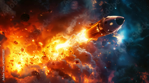 A dramatic scene of a spaceship escaping a fiery cosmic explosion among scattered asteroids in space. photo