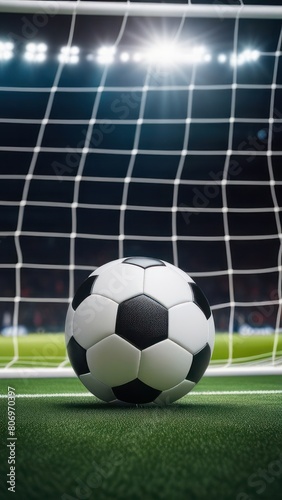 A classic black and white soccer ball sits just inside the goal line against the backdrop of a vivid green field and a net  capturing a pivotal game-winning moment. Vertical shot
