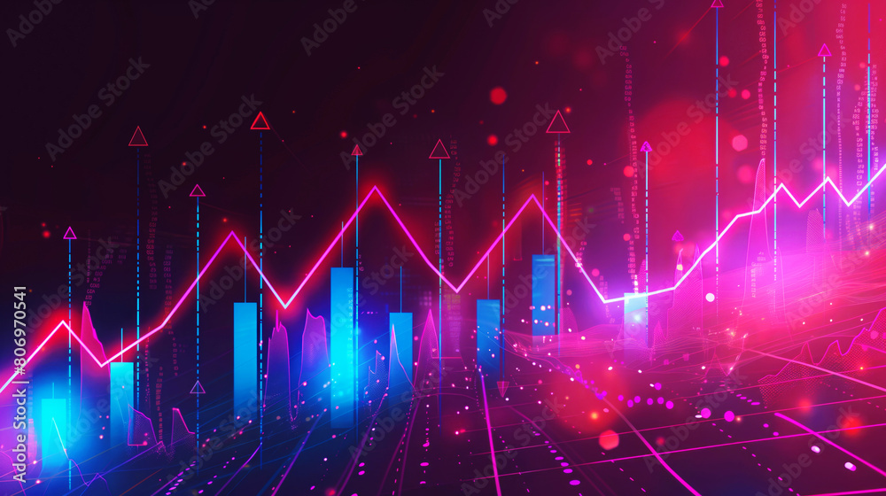 Futuristic digital landscape with glowing pink and blue financial graphs and city skyline visuals. Futuristic digital landscape with glowing pink and blue financial graphs and city skyline visuals.