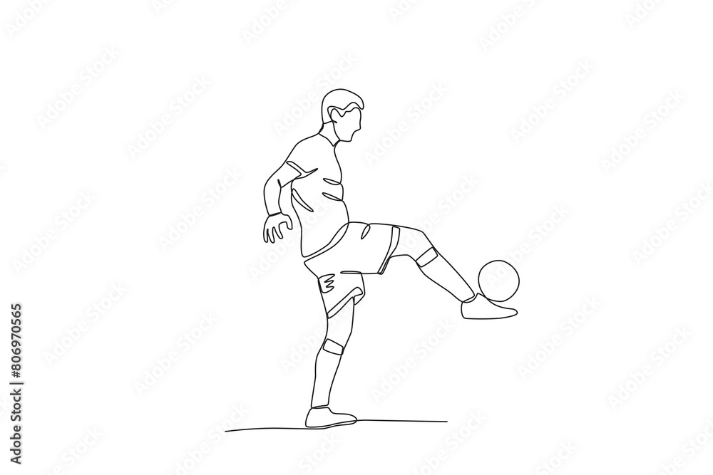 One continuous line drawing of young Football players are juggling the ball. Football freestyle sport concept. Single line draw design vector illustration
