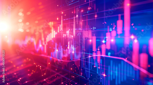 Dynamic digital financial chart with glowing lines, bars, and stock market indicators in red and blue hues.