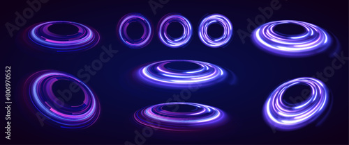 Rounded neon line with light effect. Energy flow tunnel. Blue portal, platform. Night road speed illustration.	