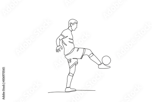One continuous line drawing of young Football players are juggling the ball. Football freestyle sport concept. Single line draw design vector illustration
