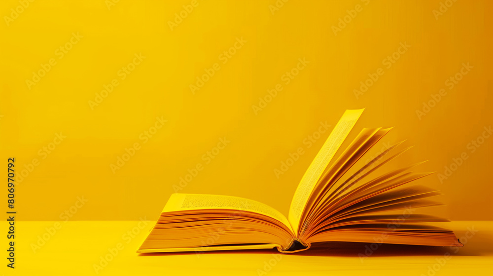 An open book with pages fluttering on a yellow background, emphasizing a monochromatic theme. An open book with pages fluttering on a yellow background, emphasizing a monochromatic theme.