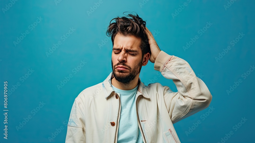 sick man holding his head with his hand, headache. blue background sick man holding his head with his hand, headache. blue background