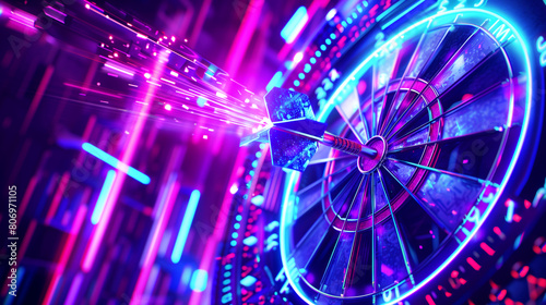 A vibrant, neon-lit dartboard with a dart hitting the bullseye under futuristic lighting. © Natalia