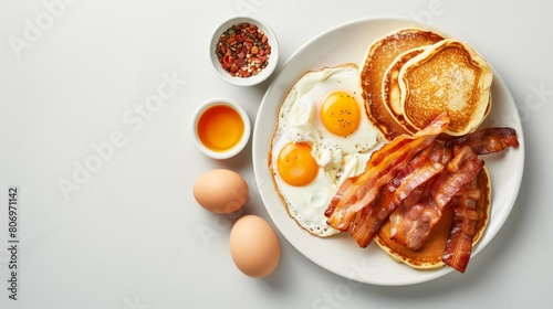 Artistic top view portrait of a full American breakfast with all the essentials--eggs, pancakes, bacon, and toast, positioned on a white background with space for messaging photo