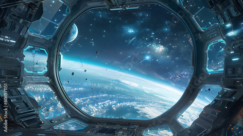 Fototapeta Naklejka Na Ścianę i Meble -  Gaming heart space ship station observatory with large window to universe. Modern sci-fi background.