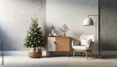 A minimalist and stylish living room scene featuring a tastefully decorated corner. The composition includes a small photo
