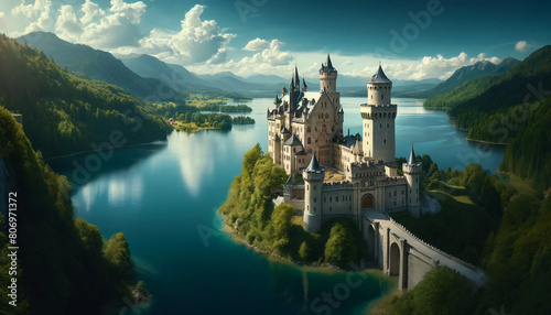 A panoramic image featuring a majestic medieval castle on the edge of a tranquil lake. The castle has intricate architectural details, turrets photo