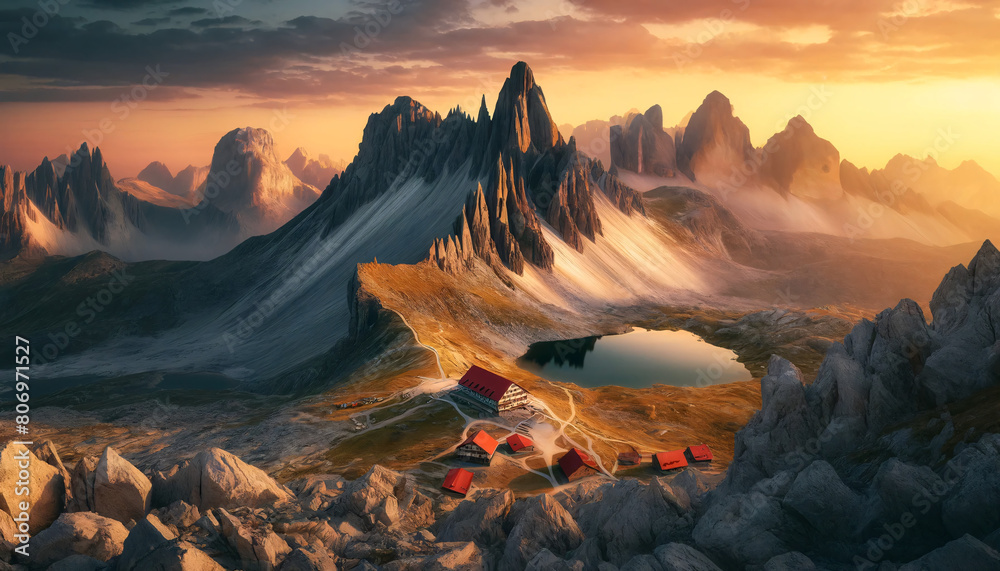 A panoramic landscape featuring rugged, sharp mountain peaks bathed in the golden light of sunset
