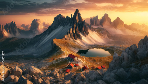 A panoramic landscape featuring rugged  sharp mountain peaks bathed in the golden light of sunset