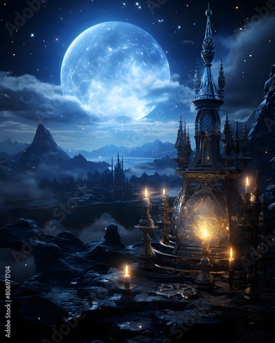 Beautiful fantasy night landscape with castle and full moon. 3D rendering
