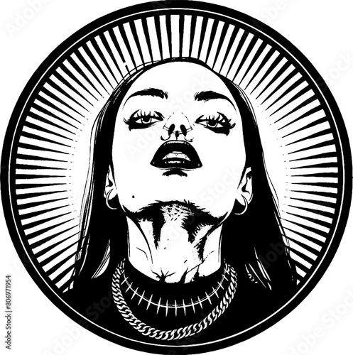 Beautiful rockstar girl gothic tattoo icon, y2k aesthetic, vector 90s vintage glam, black and white urban print. Monochrome vintage photocopy effect. Vector illustration for grunge punk surreal poster