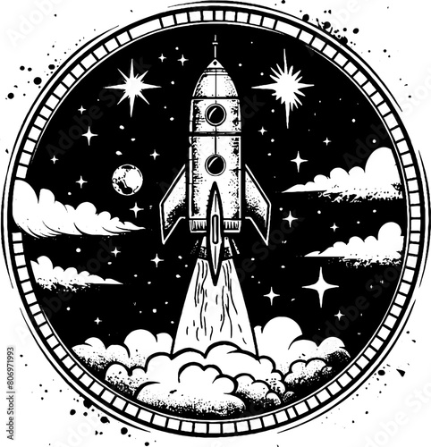 Rocket gothic tattoo icon, y2k aesthetic, vector 90s vintage glam, black and white urban print. Monochrome vintage photocopy effect. Vector illustration for grunge punk surreal poster