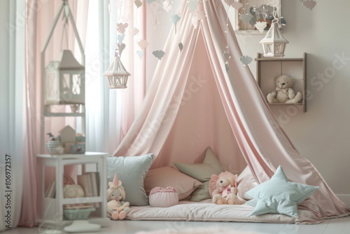 Dreamy children s room featuring a playful tent  pastel cushions  and charming plush toys creating a magical and comfortable play area for kids to enjoy and imagine