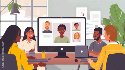 Illustration of a diverse group of professionals having a video conference with remote team members. photo