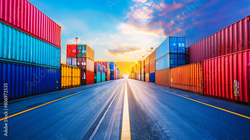 Wallpaper Mural Colorful shipping containers lined up on both sides of a road under a sunset sky. Torontodigital.ca