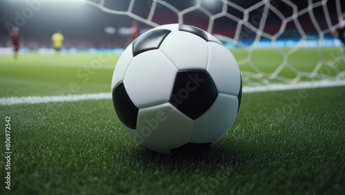 A classic black and white soccer ball sits just inside the goal line against the backdrop of a vivid green field and a net, capturing a pivotal game-winning moment © Александр Ткачук