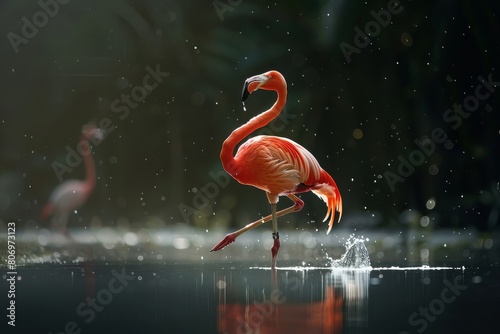 A vibrant flamingo gracefully dances the cha-cha with elegance and flair. photo