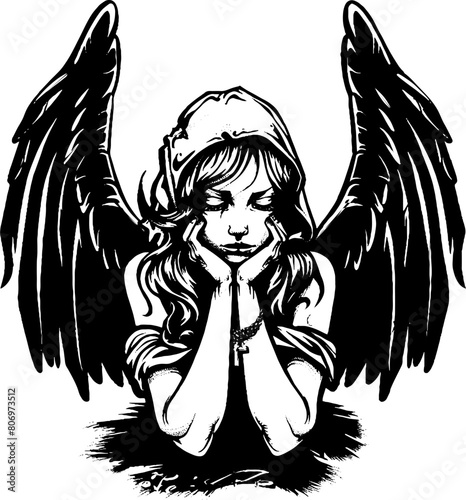 Angel girl gothic tattoo icon, y2k aesthetic, vector 90s vintage glam, black and white urban print. Monochrome vintage photocopy effect. Vector illustration for grunge punk surreal poster