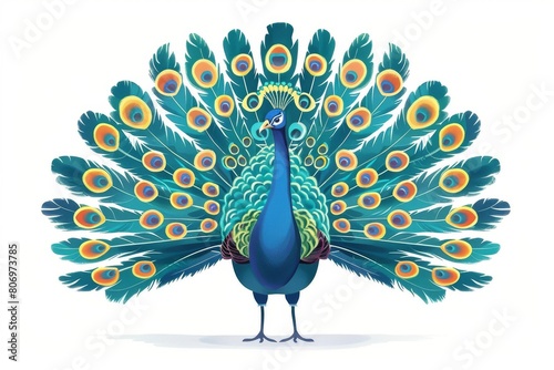 A colorful peacock dancing the macarena against a clear white backdrop in an energetic and vibrant illustration. photo