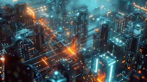 A smart city infrastructure with interconnected IoT devices, intelligent traffic management systems, and sustainable energy solutions, 