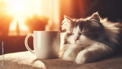 A sleeping cat next to a white coffee mug. The cat, with beautiful grey and white fur