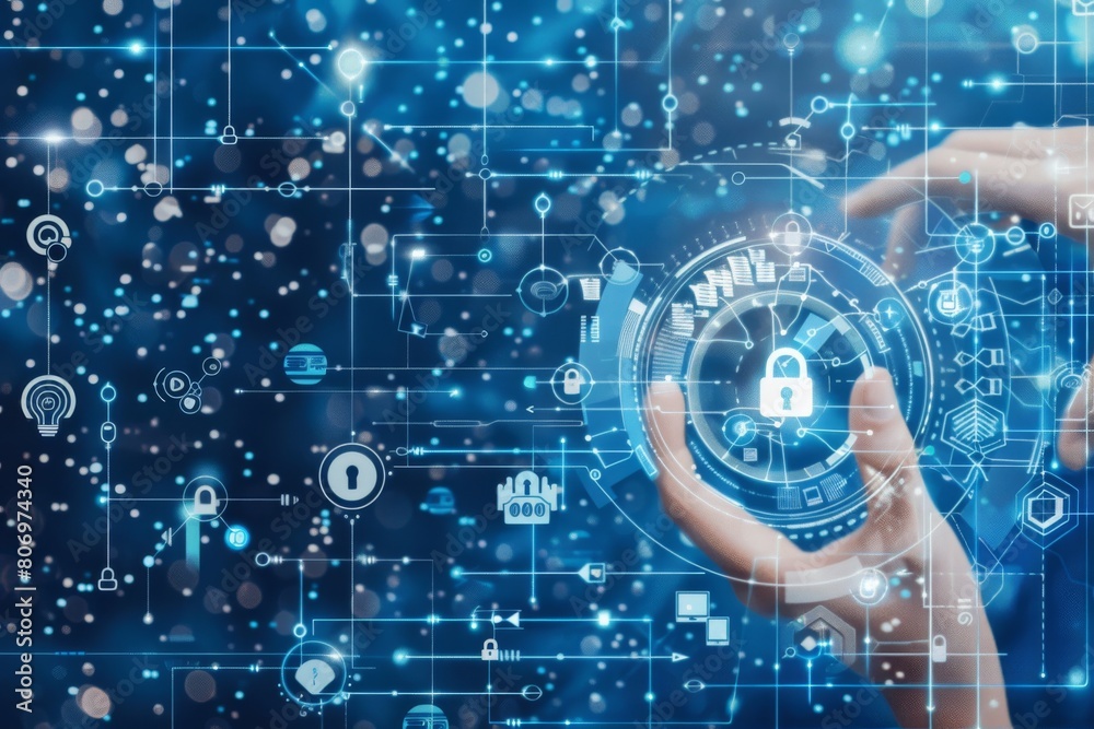 Fototapeta premium Design a secure online platform with a digital shield, virtual lock security, and SSL encryption for enhanced safety.