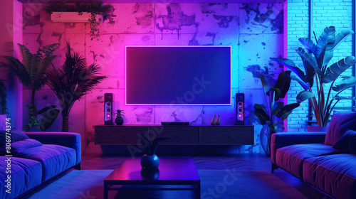 Modern living room illuminated with neon lights  featuring a large TV screen  luxurious sofas  and indoor plants.