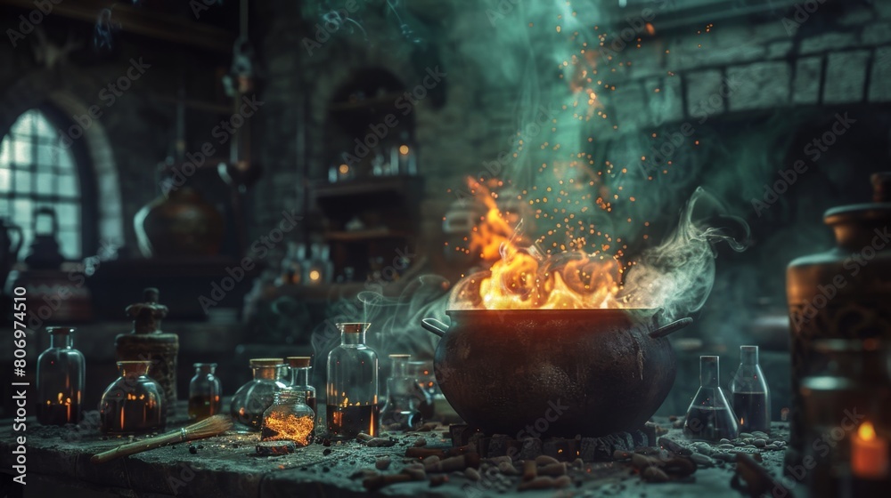 A detailed scene from an alchemist's laboratory featuring a bubbling cauldron, ancient bottles, and magical smoke, evoking a mysterious ambiance.