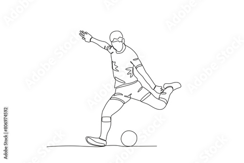 One continuous line drawing of young The football player will shoot the ball. Football freestyle sport concept. Single line draw design vector illustration 