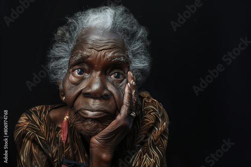 Old lady with sad expression with hands on face