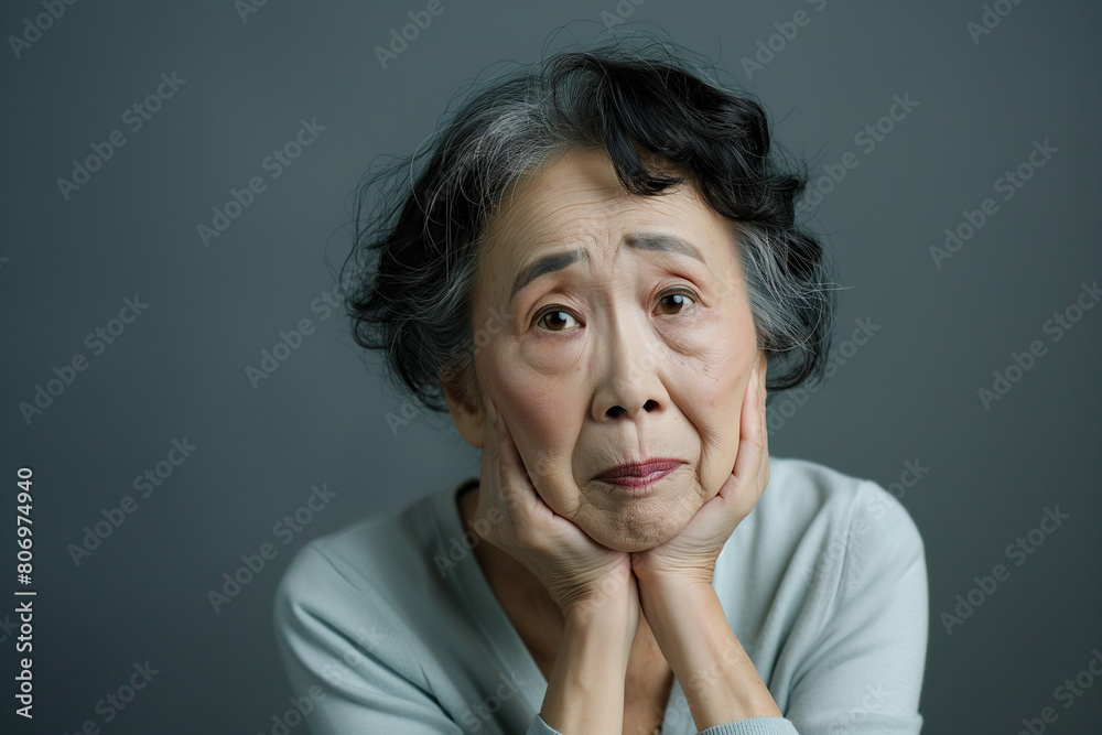 Old lady with sad expression with hands on face Old lady with sad expression with hands on face
