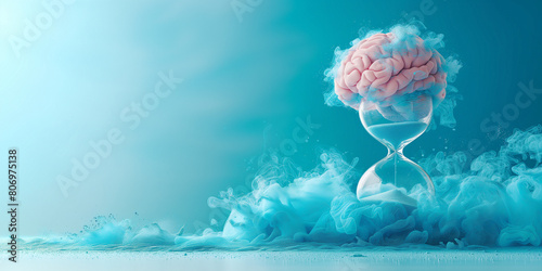 Human mind, dementia, parkinson or Alzheimer disease, brain memory loss, lifetime running through hourglass, mental health and psychology concept  photo
