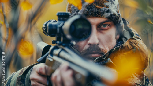 A man in camouflage gear is holding a rifle and looking through a scope