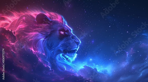 Mythical head of angry lion silhouette set against a starry galaxy with cool blues and purples.