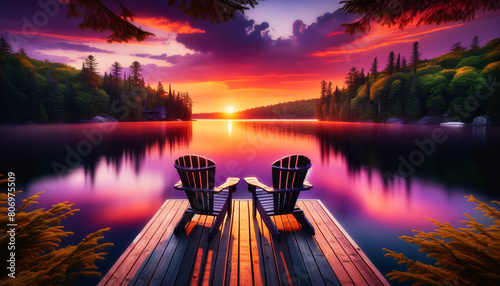 A tranquil lakeside scene at sunset, featuring two Adirondack chairs placed on a wooden dock extending into a calm lake photo