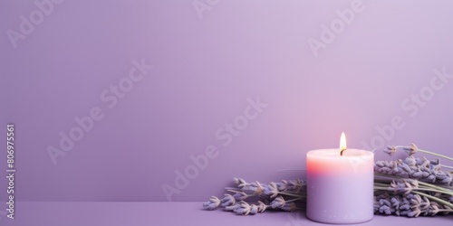 Lavender background with white thin wax candle with a small lit flame for funeral grief death dead sad emotion with copy space texture for display 