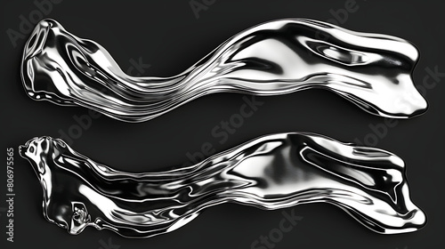 Chrome metal liquid shapes aluminium isolated on black background.
