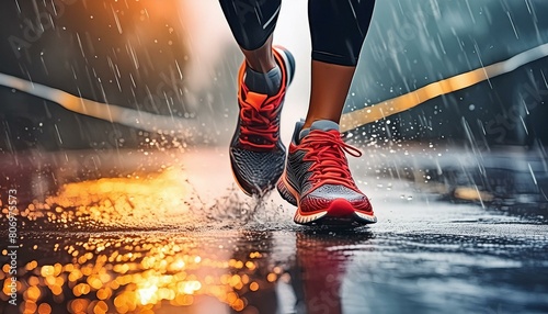 close-up of running shoes on the street on a rainy day photo
