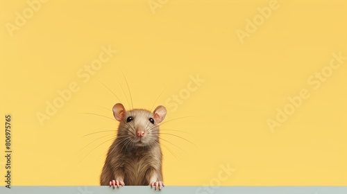 A rat perched atop a table, curiously observing its surroundings photo