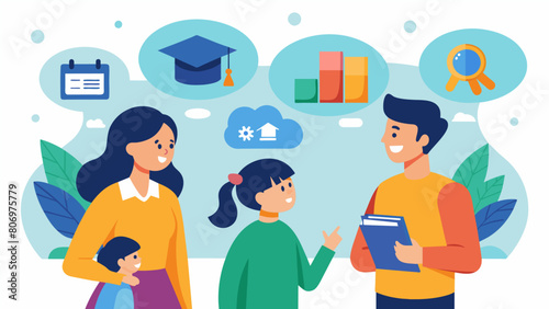 An illustration of a family looking at a vision board filled with images of their childs dream college reminding them of the ultimate goal for their. Vector illustration