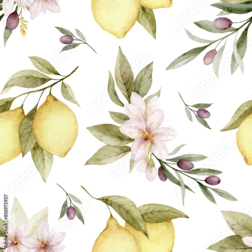 Watercolor vector seamless pattern with lemons, olives and green foliage. Hand painted botanical illustration. Design for wrapping paper, textile, fabric, background. © ElenaMedvedeva